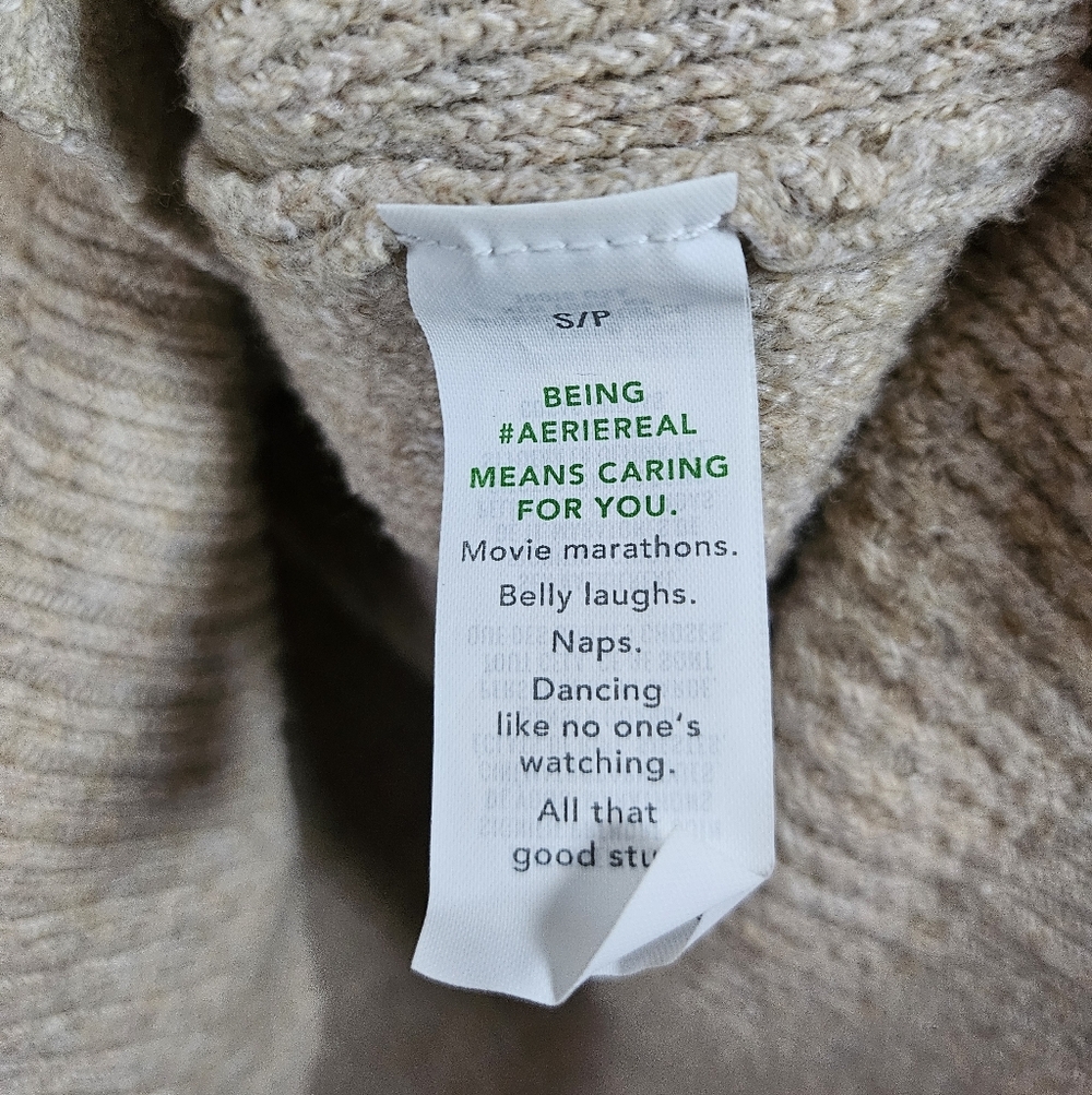 Aerie CozyUp Oversized Waffle Knit Polo Pullover Sweater, Light Beige Size S - Picture 8 of 9